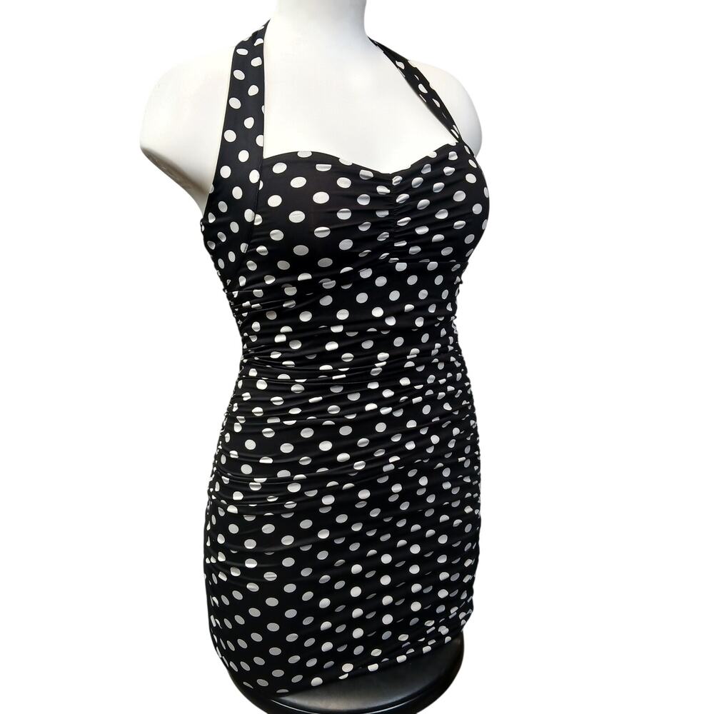 Guess Polka Dot Halter Dress Small S Black White Ruched Bodycon Pinup Retro